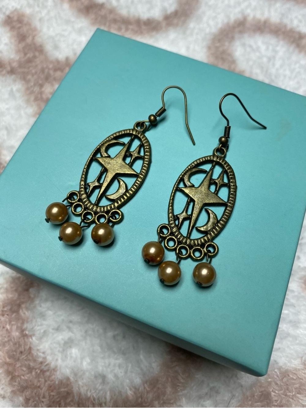 Antiqued Copper Oval Moon Star Chandelier Earrings